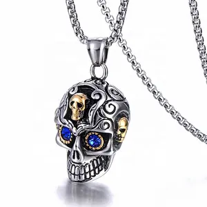 MECYLIFE Personalized Stainless Steel Jewelry Scary Crystal Head Halloween Jewelry Necklace Men Skull Necklace