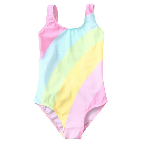 Детские купальники, купальный костюм для маленьких девочек, пляжные купальники в полоску с радужным принтом