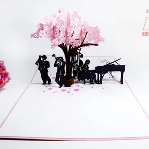 3D Handcraft Muziek Band Met Kersenbloesem Boom Lasersnijden Kirigami Pop Up Wenskaart