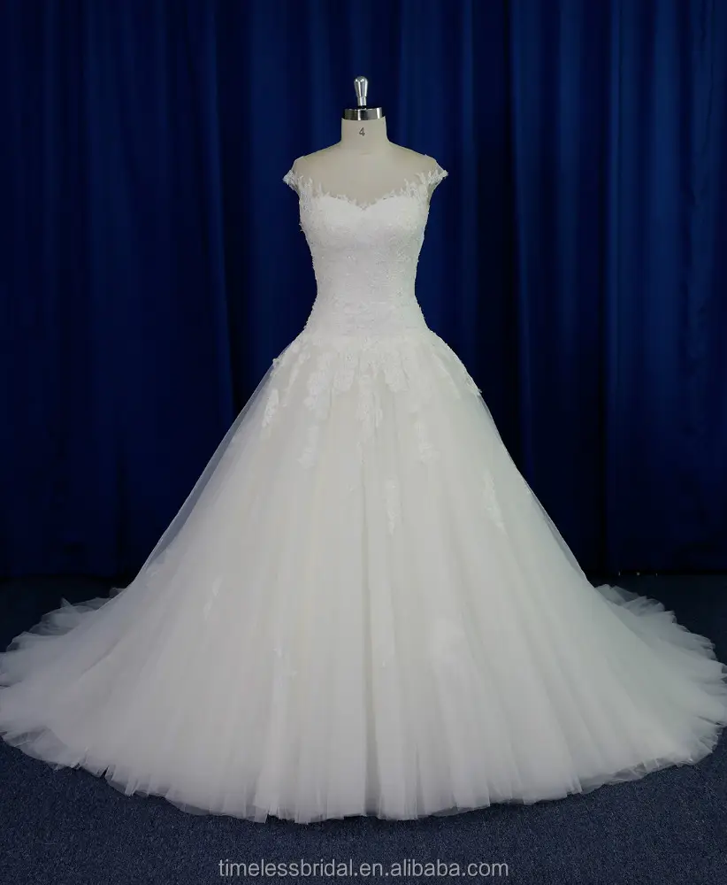 Stunning sheer lace cap sleeve transparent back A-line drop waist bridal wedding dress