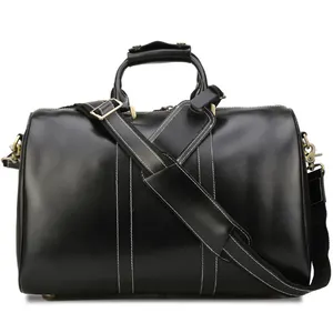 Custom Black Luxury Waterproof Oil Wax Cow Hide Weekender Genuine Leather Mens Luggage Travel Bags