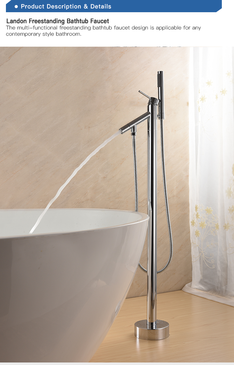Sanitary Ware Solid Brass Chrome Finish Floor Stand Bath Filler Mixer Tap Freestanding Bathtub Faucets