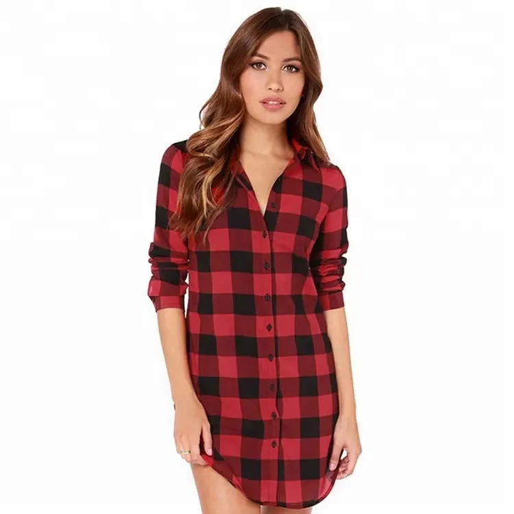 2018 Fashion wholesale autumn and winter red plaid lapel long sleeve middle long style women's shirt