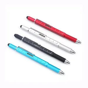 Metal plastik 6 in 1 tükenmez kalem aracı tornavida cetvel seviyesi dokunmatik Stylus çapraz çok fonksiyonlu Gadget inşaat ölçekli aracı kalem