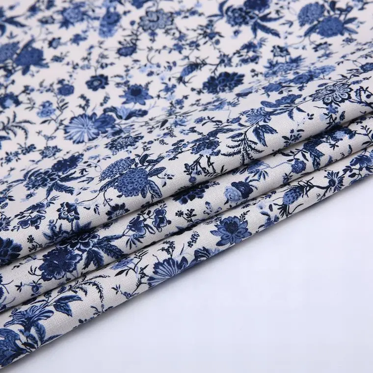 55% Linnen 45% Katoen Geweven Blauwe Bloem Hand Blok Japanse Shirting Print Stof Voor Jurk