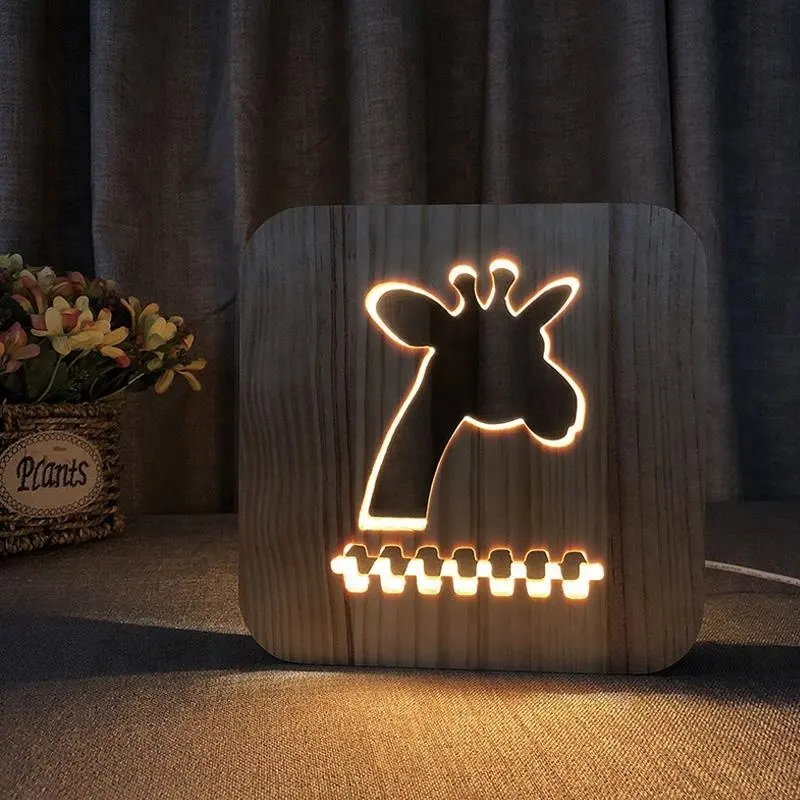 custom natural wood christmas craft dog design effect led night stand light wooden table lamp