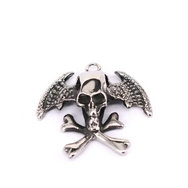 Custom Made Black and silver Stainless Steel Winged Skull and Cross Bones necklace Pendant