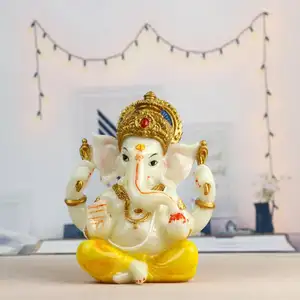 6 Inch High Hand Painting Poly Stone Jade Color Hindu God Ganesha Statue for Car Decor Indian Gifts Lord Ganesh Statue