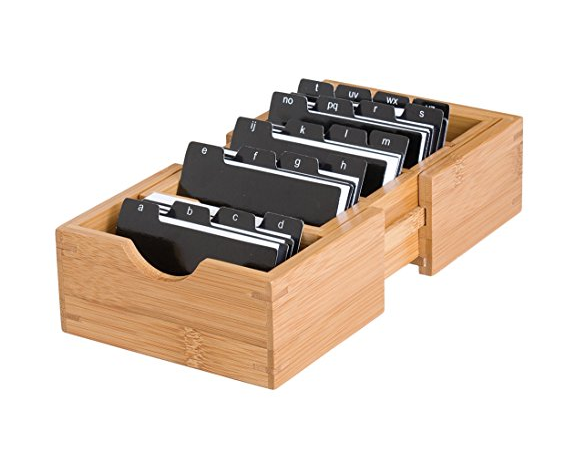 Bamboo Expandable Business Card Holder with Dividers and Index Tabs Attractive business card storage box with expandable design