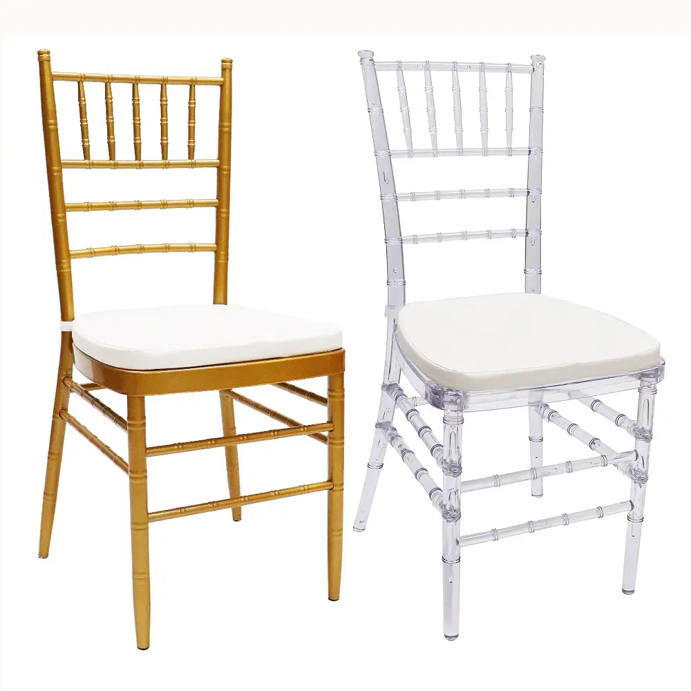 Chaises de mariage tiffany chiavari de luxe en acier doré empilant des meubles d'hôtel de fête d'événement