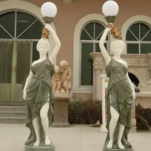 Outdoor Stone Lady Street Lights Antique Marble Stone Carving Lady Lamp Statues