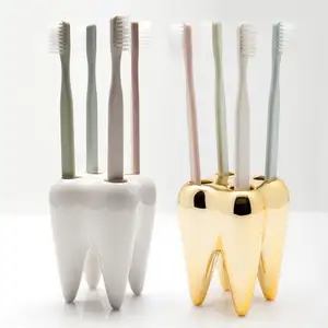 Gold and white tooth shape toothbrush stand holder ceramic toothbrush holder