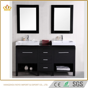 Double évier classique en bois noir, 30 pièces, miroir à cadre, grands tiroirs de rangement <span class=keywords><strong>Mdf</strong></span>, armoires de salle de bains pour villa