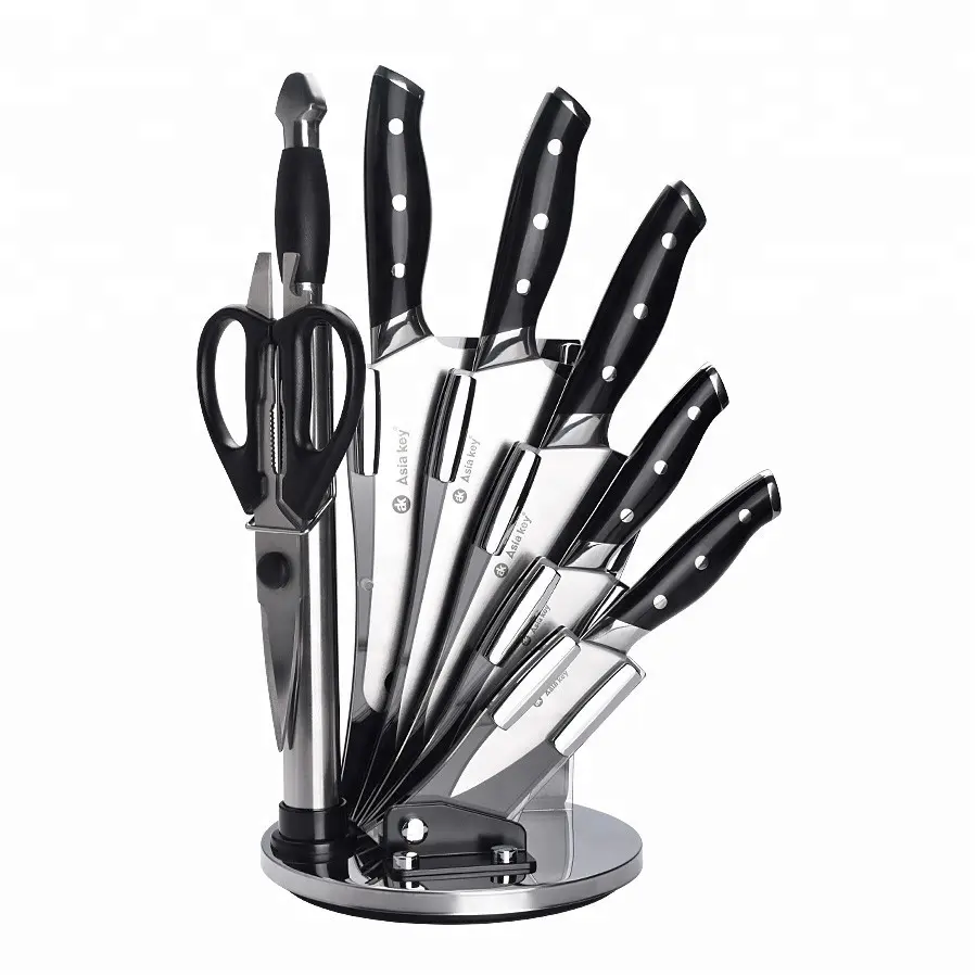 Asiakey Hot Sale 8PCS Stainless steel kitchen knife set with mirror forged handle