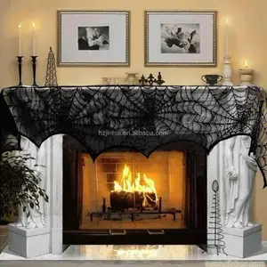 Halloween Black Lace Spider Web Lace Mantle Scarfs With Lighted For Fireplace 18 By 96 Inch