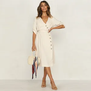 <span class=keywords><strong>Abito</strong></span> <span class=keywords><strong>Midi</strong></span> Avvolgente da Donna in <span class=keywords><strong>Lino</strong></span> con Scollo a V e Bottoni, Prodotto da Produttori di Abbigliamento - Product Image 1