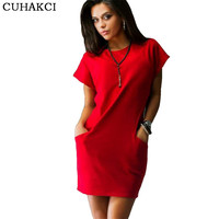 CUHAKCI Thời Trang Casual Lady Dress Pocket Mini Red Tím Đen Dresses Rắn Màu Váy Phụ Nữ Cánh Dơi Ngắn Tay Áo Bông Lỏng Lẻo