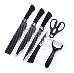 6 Stück Hochwertiges Küchenmesser set mit scharfer schwarzer gerillter Klinge