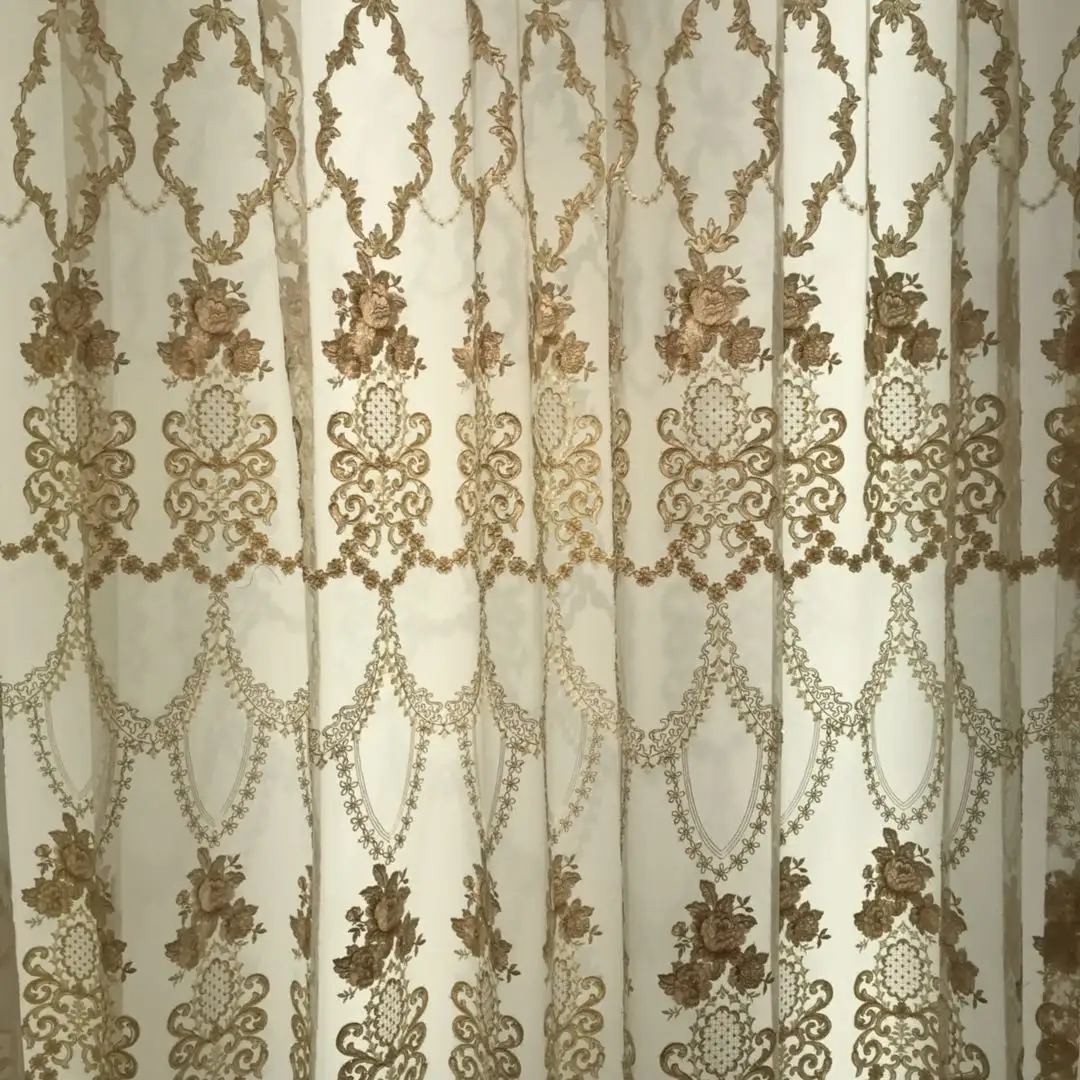 Tela de cortina de gasa transparente bordada turca de lujo con diseño bordado ruso