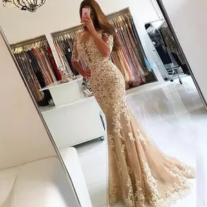 Женское вечернее платье-русалка, длинное платье цвета шампанского с кружевной аппликацией и открытой спиной, платье для выпускного вечера, 2020