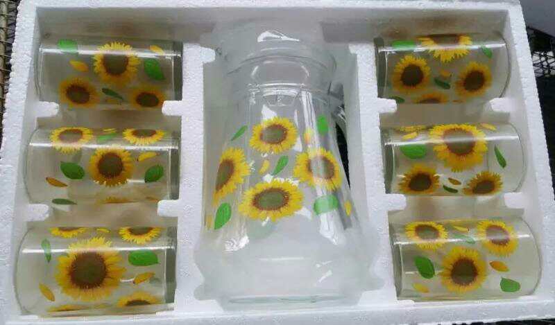 Eco-Friendly 7 pcs glass set with color printing glass water drinking juice jug set