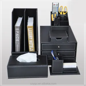 Office Set Promoção Hand Made Square 7 Pcs Pu Couro Office Desk Acessórios Logotipo do cliente