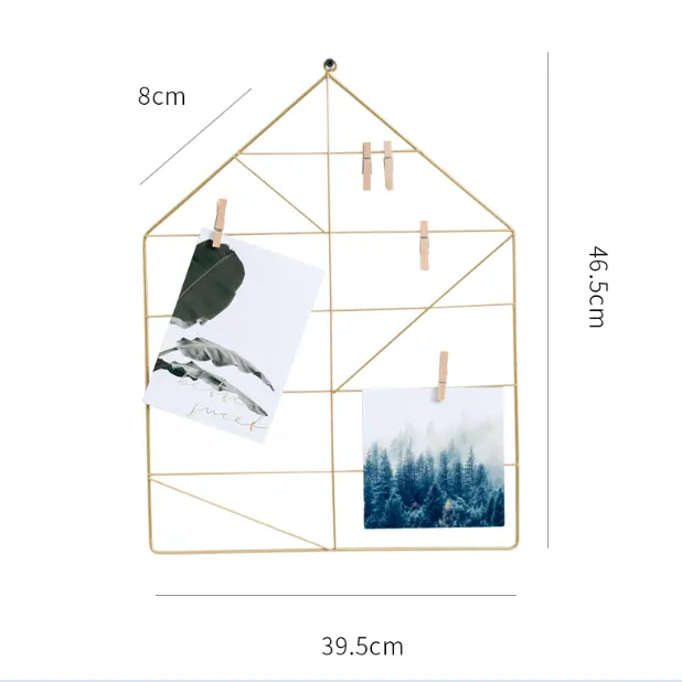 Porta-cartão em forma de casa nórdico, fio de metal para decoração de casa, exibição com suporte de madeira