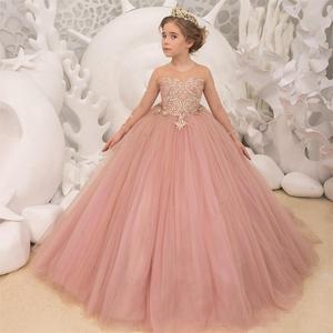 Abiti da Damigella <span class=keywords><strong>Rosa</strong></span> per Matrimoni con Maniche Lunghe in <span class=keywords><strong>Tulle</strong></span> e Pizzo, Vestiti da Cerimonia per Ragazze - Product Image 2