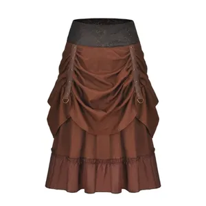 Brown Women's Basque Gothic Boned Vintage Lace Corsets And Steampunk Bustiers Dress With Skirt