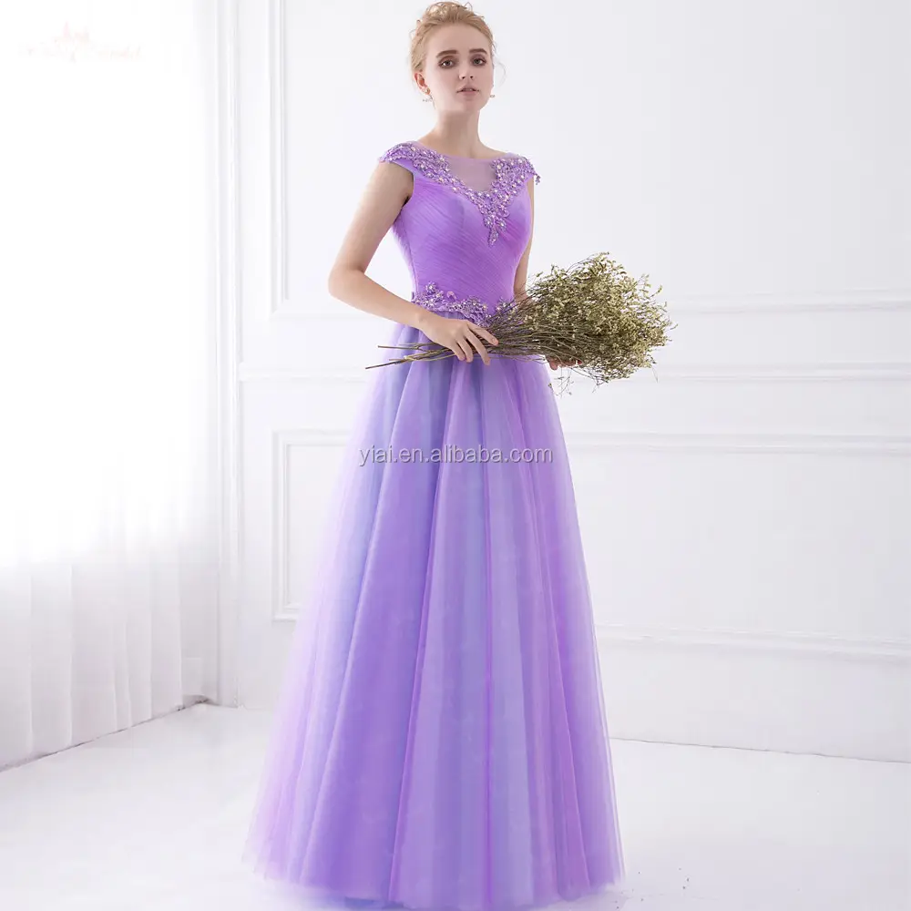 LZF013 — robe de soirée en cristal, tenue de soirée, col bateau, forme trapèze, manches courtes, violet clair