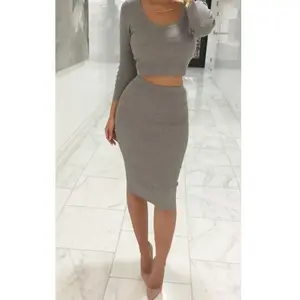 YSMARKET Long Sleeve Short Tops And Midi Pencil Skirts Ladies Elegant Office Clothes Slim Bodycon Knit Two Piece Suit Casual