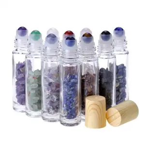 Wood lid 10ml frosted white perfume roll on essential oil bottle with gemstone roller ball