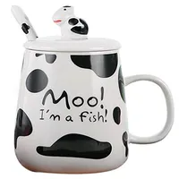 Керамические молочные кофейные чашки и кружки с милым рисунком коровы, забавная чашка с крышкой и ложкой