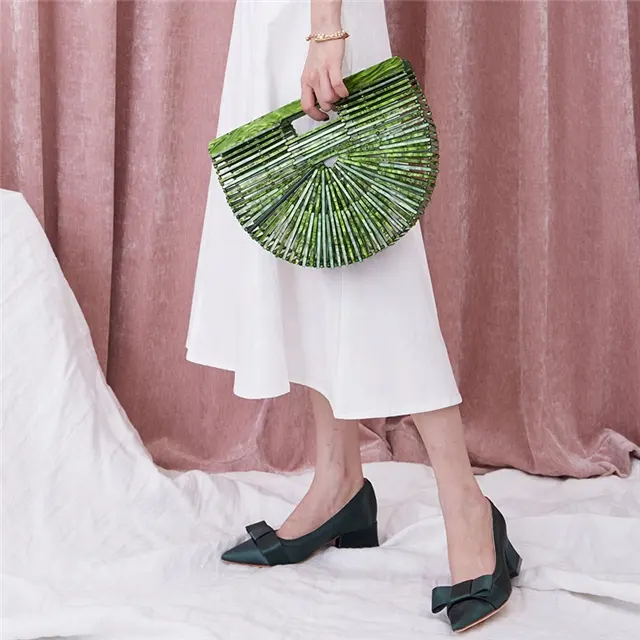 Ins Popular Women Bamboo Plastic Handmade Beach Bag Acrylic Handbag Half Round Hollow Out Tote Bag Lady Clutch Bag Purse