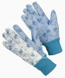 New style blue and white with flower print PVC mini-dotted palm knit wrist kids garden glove