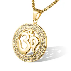Gold Plated Stainless Steel Cz Micro Pave Ohm Om Aum Symbol Round Necklace Yoga Charms