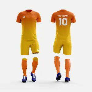 新设计橙色染料升华足球制服，透气青年训练足球服