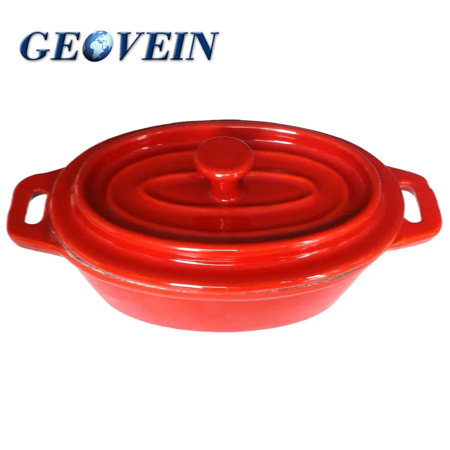 Mini oval rojo olla de hierro fundido esmalte cocotte olla con tapa