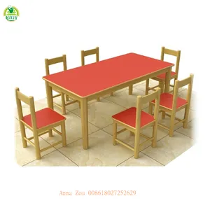 Fire-proof wood preschool chairs and tables /6 seats wooden children furniture/ square kids study table QX-196E