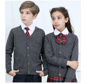 Di alta Qualità di stile Britannico 100% Cotone Lavorato A Maglia Bambini In Tessuto Pulsante Uniformi Scolastiche Pianura Maglioni Cardigan Set