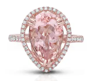 Benutzer definierte 925 Sterling Silber Verlobung Hochzeit Morganit Ring Zirkon CZ Halo Diamant Roségold Morganit Ring