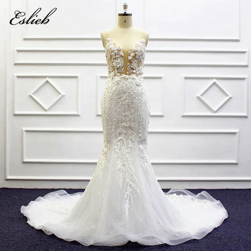 Luxe Sexy sirène robes de mariée perlée 3 D fleur cristal perles pure corset robe de mariée fermeture à glissière robe de mariée