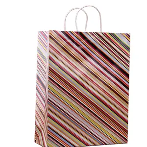 Manufacturer wholesale recyclable without plastic stripe printed bag India gift bag kraft, kraft gift bag OEM