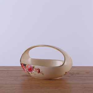 Bol en céramique de couleur crème et or avec poignée, bol à fruits en <span class=keywords><strong>porcelaine</strong></span>, panier à fleurs avec décoration florale - Product Image 3