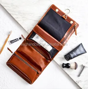 Hot selling pu lederen scheren dopp kit travel opknoping toilettas waszak