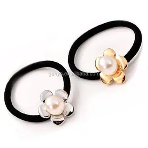 Nice lady girl flower hair elastics with pearl hair ties with metal charms ponytail holders