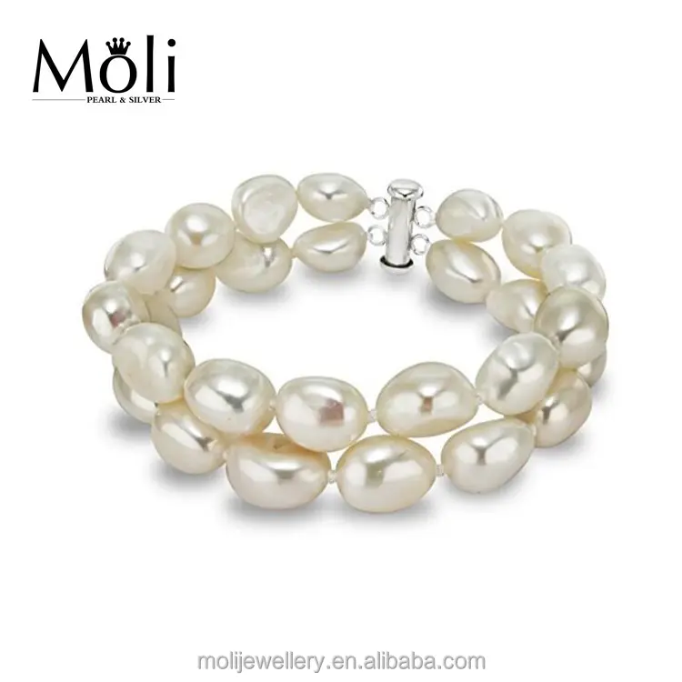 Classic Elegant Two Rows Stretch Wrist White Natural Pearl Bracelet for Wedding Party Jewellery