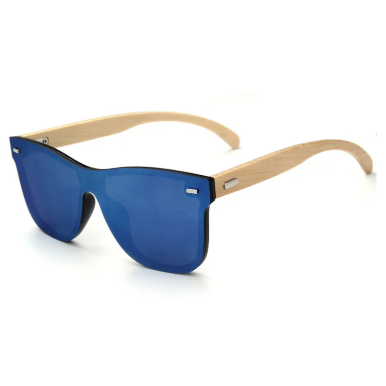 Unisex Large Frame Star Sunglasses with Custom Logo Natural Bamboo One-Piece Mirror in Black Blue Red Yellow PC Material
