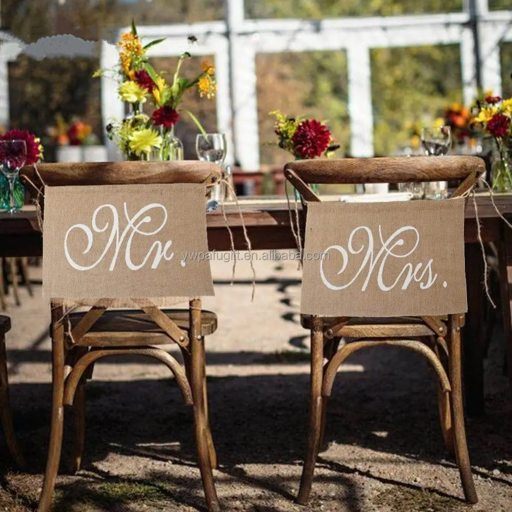 ジュート黄麻布の結婚式の好意Mr & Mrs結婚披露宴ヴィンテージスタイルの椅子の装飾バナーサイン