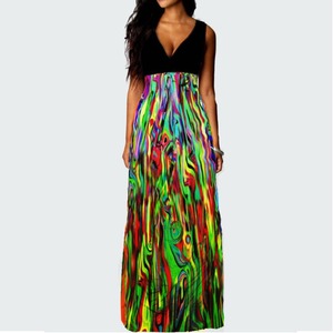 Del Verano imprimir vestido estampado de largo vestidos de dama de la moda V Cuello delgado Vestido de Gasa - Product Image 5